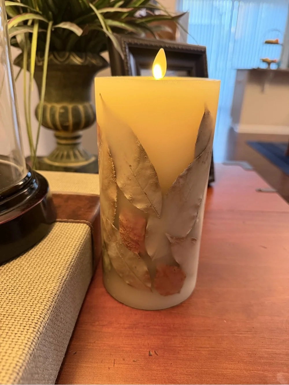 Vintage flameless Cream with Leaf accents  Pillar Candle